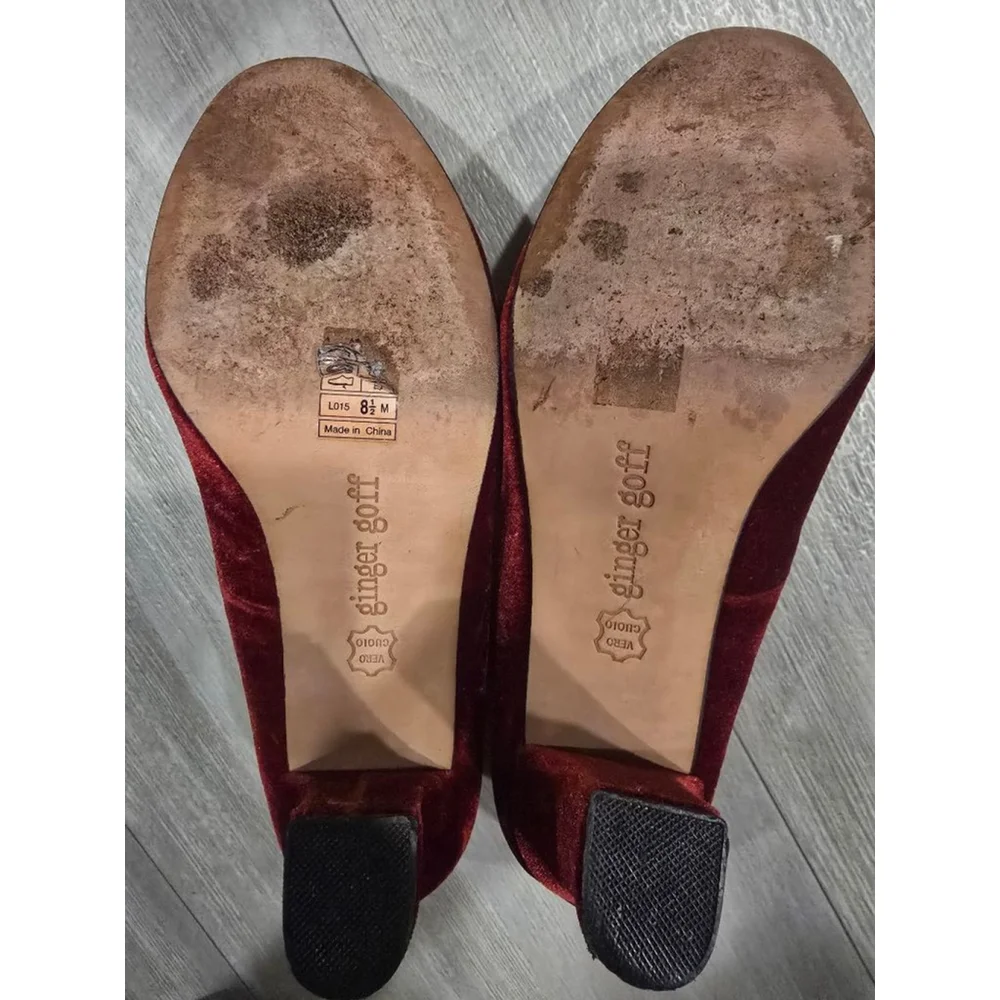 Ginger Goff Burgundy Velvet Heels with Turquoise Size 8.5